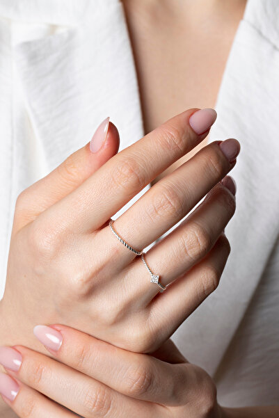 Elika Silver 925 Ayar Gümüş Zirkon Taşlı Minimal İkili Yüzük Set FASET85019