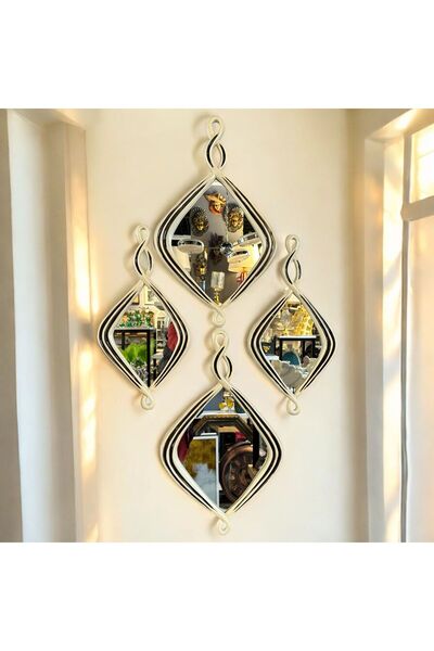 Peramari Dekoratif Polyester Dörtlü Damla Burgulu Lüks Salon Duvar Ayna Takımı Krem-Gold Eskitme