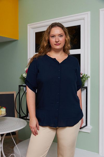 RMG LarGe Size Navy Blue Viscose Shirt - Sleeve Detail