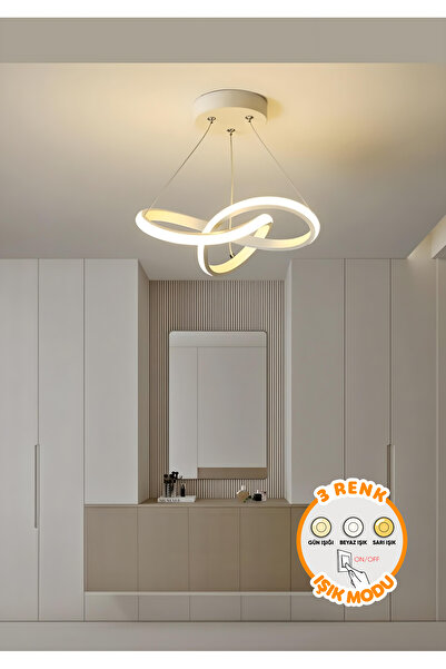 Dekorluna Modern Forte Beyaz Tekli 3 Renk Işıklı Power Ledli Salon Mutfak Oda Hol Ledli Avize