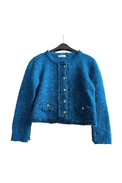 DESEO BOUTIQUE Kadın Mavi Renk El Emeği Göz Nuru (XS-S BEDEN) El Örgüsü-handmade-handknitted Örgü Ceket