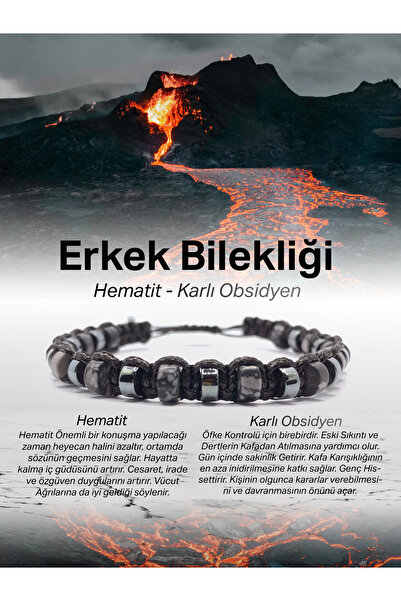 OSMANLI DEĞERLİ TAŞ Men's Bracelet Original Genuine Certified Snowy Obsidian - Natural Stone Bracelet with Hematite String 6mm