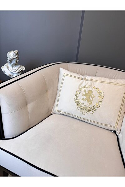 ref crea Royal Throw Pillow with Lion Symbol Embroidery - Ecru Gold
