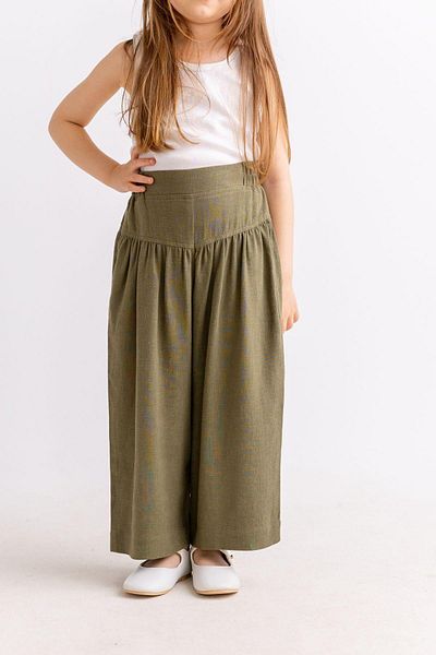 Oliven The Kid Gathered Linen Girl's Trousers Khaki with Corsage