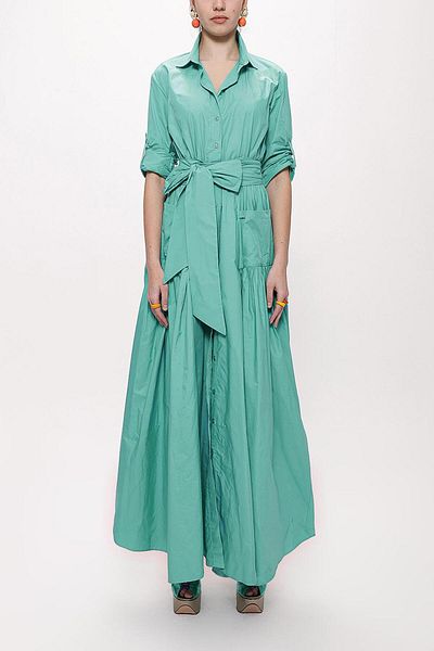 SOCIETA Mint Gathered Long Taffeta Shirt Dress 94198