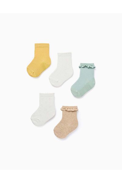 Ziddy Pack of 5 Pairs of Socks for Baby Girls, Yellow/White/Beige/Green