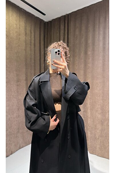 butikvemoda Premium Kuşaklı Siyah Trençkot