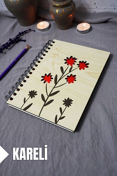 markcat Caiet din lemn cu model floral - Caiet în carouri - Agenda - Caiet școlar (A5 - 120 coli)