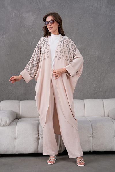 Miss Allos Women's Leopard Patterned Stone Embroidered Linen Kimono and Trousers Bottom Top Set