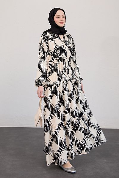 InStyle Striped Square Patterned Ecru Dress