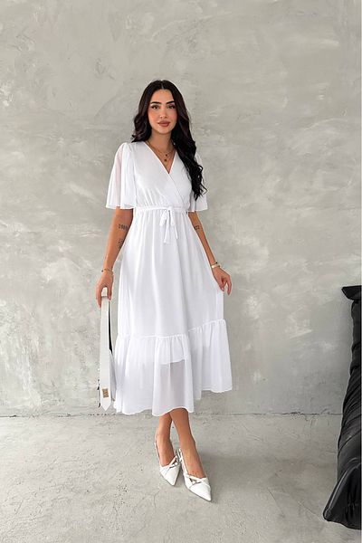 Neşeli Butik γυναικείο φόρεμα σιφόν με διπλό γιακά με ζώνη NBK4115