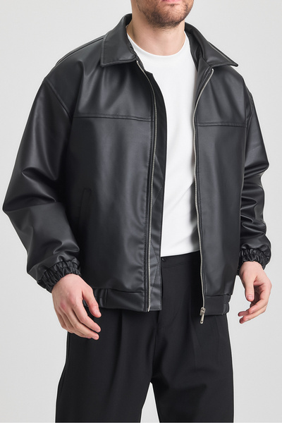 MerStore Ανδρικό μαύρο δερμάτινο μπουφάν oversize