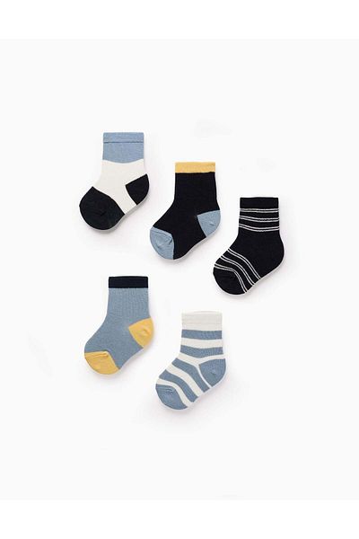 Ziddy Pack of 5 Pairs of Socks for Baby Boys 'Stripes', Blue/White/Yellow