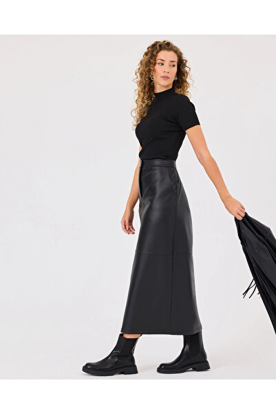 SCL Cepli Düğme Detaylı Suni Deri Etek