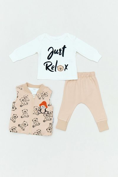 Fulla Moda طقم صدرية مطرزة على شكل دب قطن 100% مكون من 3 قطع للأولاد