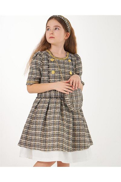 Hilal Akıncı Kids Țesătură pentru fete, fustă cu nasturi aurii, căptușită în interior, rochie tutu, geantă, coroană de păr, set de 3 piese