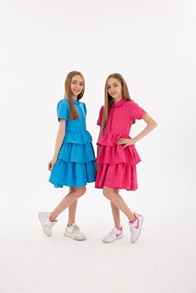 Hilal Akıncı Kids Kız Çocuk Mavi Kat Kat Elbise