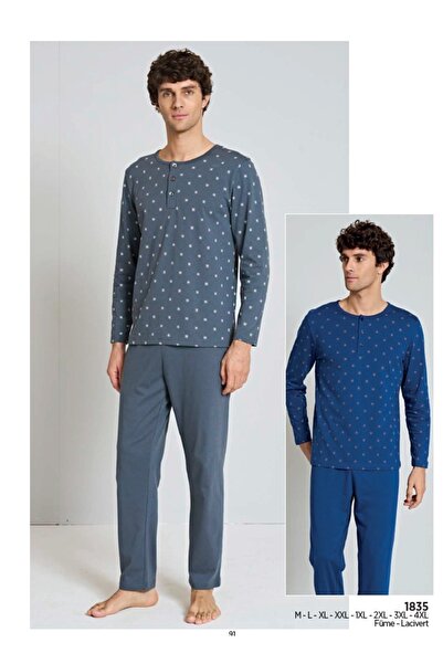 Pijadore Чоловічий піжамний комплект з довгими рукавами та ґудзиками спереду, темно-синій