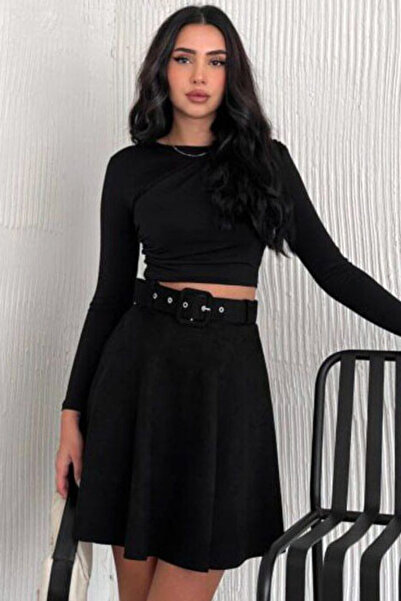 MissThetis Yüksek Bel Kalın Kemerli Cepsiz Salaş Kloş Kesim Diz Üstü Boy Süet...