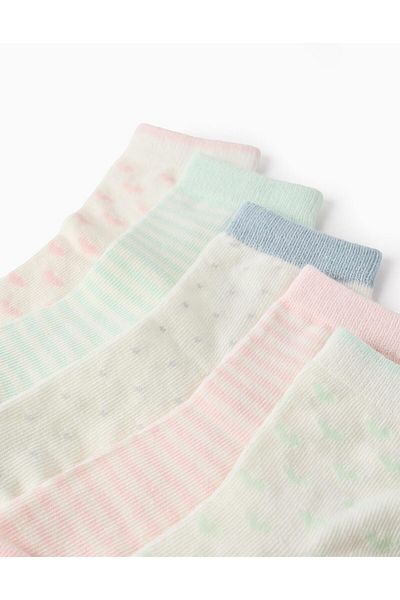 Ziddy Pack of 5 Pairs of Socks for Girls 'Stripes, Hearts & Polka Dots', White