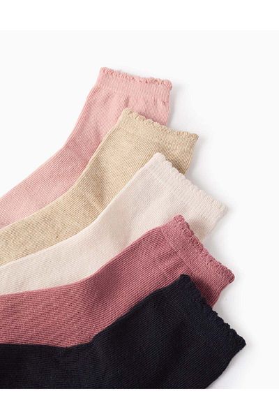 Ziddy Pack of 5 Pairs of Socks for Girls, Pink/Beige/Blue