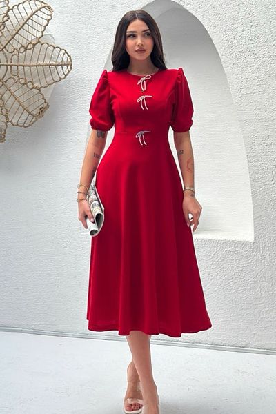 Ded COLLECTION Rochie de damă cu mânecă scurtă, cu fundă cu ac, cu tăietură în talie, lungime midi, creponată