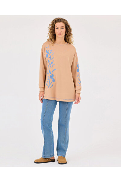 SCL Nakışlı Yuvarlak Yaka Düşük Kollu Sweatshirt