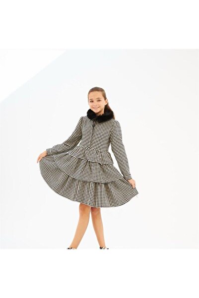 Hilal Akıncı Kids Girl's Fur Collar Houndstooth Patterned Long Sleeve Layered...