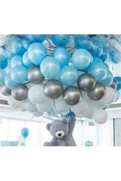 Onay Store Blue-White-Silver Metallic Balloons Kit 50 Units - Party and Birthday Celebrations