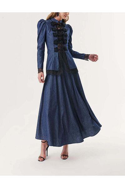 SOCIETA Navy Blue Accessory Detailed Blouse and Skirt Denim Set12318