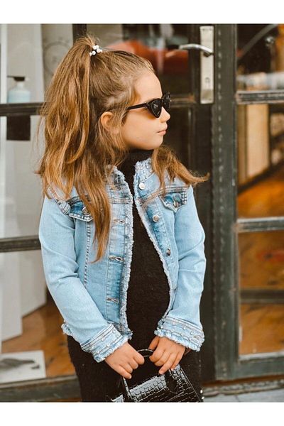 Hilal Akıncı Kids Κοριτσίστικο Πέτρινο Λεπτομερές Γκρι Πλεκτό Φόρεμα Τζιν Σετ 2 τεμαχίων με μπουφάν