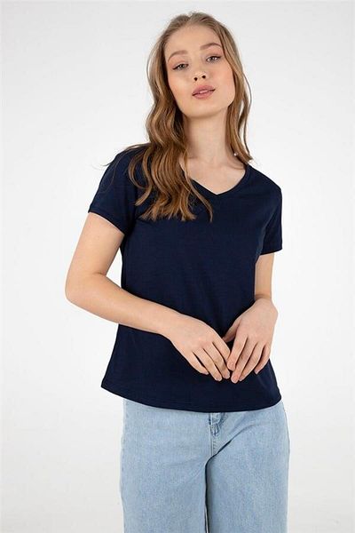 Fashion Friends Tricou cu decolteu în V 100% bumbac Albastru bleumarin