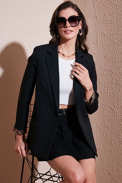 Lela Standard Fit Mono Collar Patterned Blazer Jacket with Lining Detail 6524003