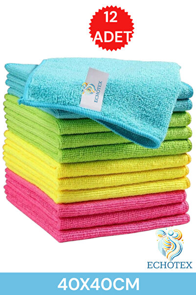 ECHOTEX (12 ADET) 40x40 Cm Mikrofiber Mutfak Ve Genel Temizlik Bezi, Yumuşak Doku Hızlı Kurulama&İz Bırakmaz