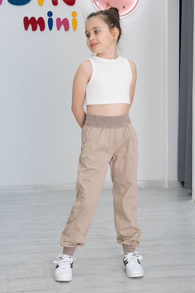 Cansın Mini Beige Girl's Pants with Ribbed Waist and Legs 20479