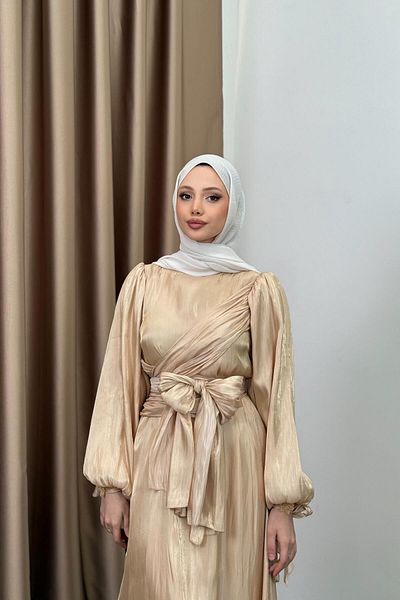 QUQA Asymmetrical Tie Satin Dress - Beige