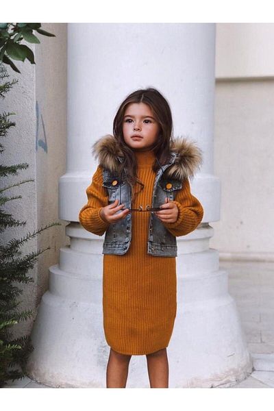 Hilal Akıncı Kids Hooded Plush Sweater and Denim Jacket Set