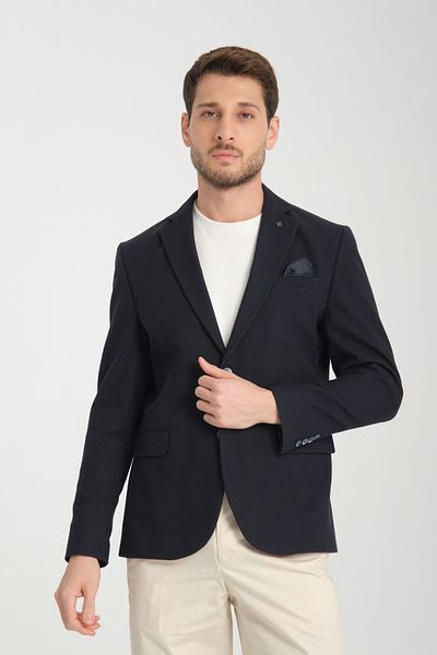 Frappoli Мъжко тъмносиньо сако Cazino Slim Fit Slim Cut с шарка и полуподплата