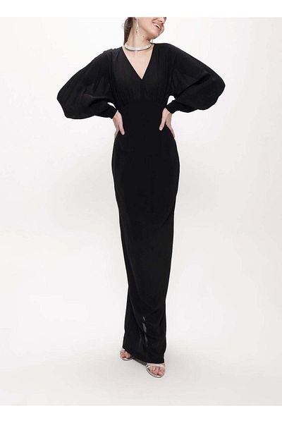 SOCIETA Black V-neck Long Dress With Corset Detail 94163