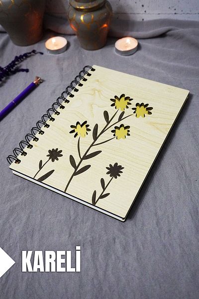 markcat Caiet din lemn cu model floral - Caiet în carouri - Agenda - Caiet școlar (A5 - 120 coli)