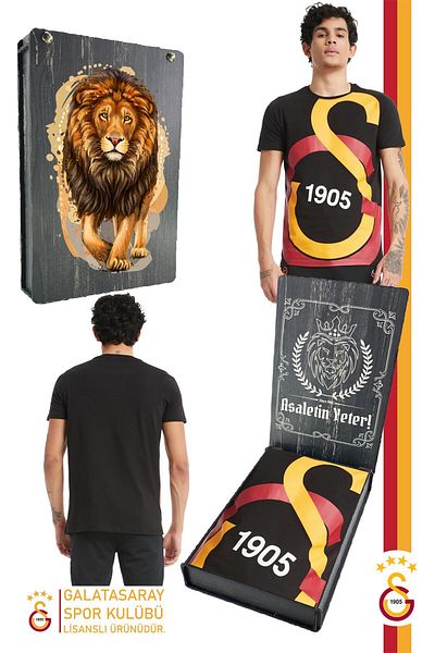 Galatasaray Γνήσιο μπλουζάκι με μεγάλο λογότυπο με άδεια χρήσης Gs Lion με στάμπα δώρο με ξύλινο κουτί