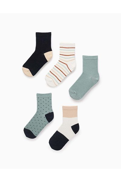 Ziddy Pack of 5 Pairs of Socks for Boys 'Stripes & Polka Dots', Multicolour