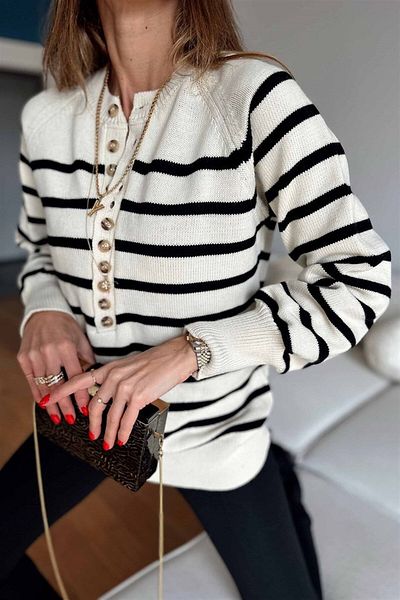 Maldia Shop Women's Buttoned Round Collar Black Striped Ecru Sweater