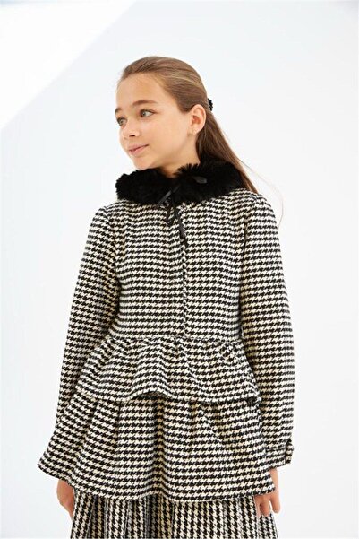 Hilal Akıncı Kids Kız Çocuk Yakası Kürklü Kazayağı Desenli Uzun Kollu Kat Kat Elbise