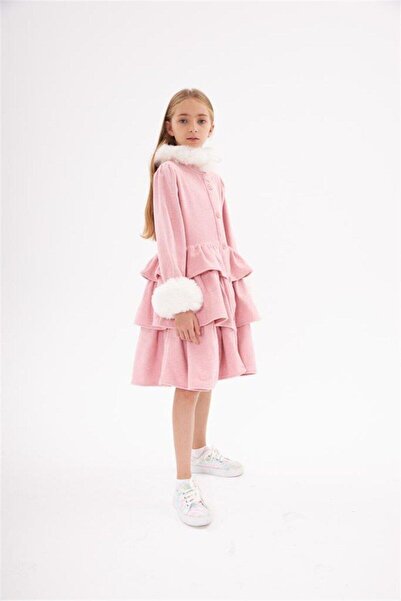 Hilal Akıncı Kids Kız Çocuk Yakası Ve Kolları Beyaz Kürklü Kaşe Kaban