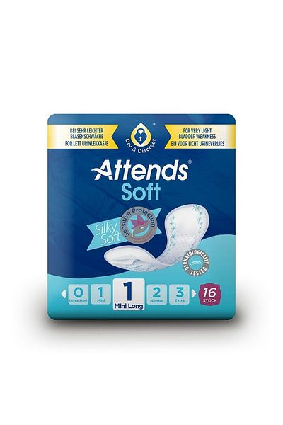 attends Soft 1 Mini Long Body Shaped Pads - 16 Piece