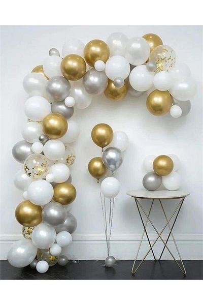 Onay Store Metallic Gold and Silver White Balloons 30 Pieces Age Birthday Turk
