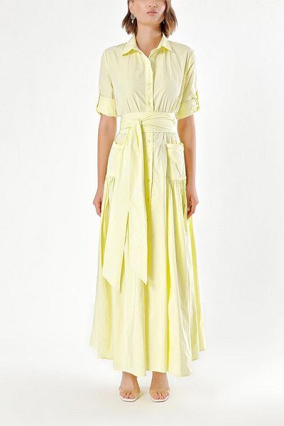 SOCIETA Light Yellow Long Taffeta Shirt Dress - Gathered 94198