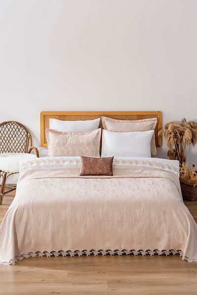 Rivaİstanbul İlay Mink Embroidered Double Duvet Cover Pique Set - 8 Piece Dowry Set