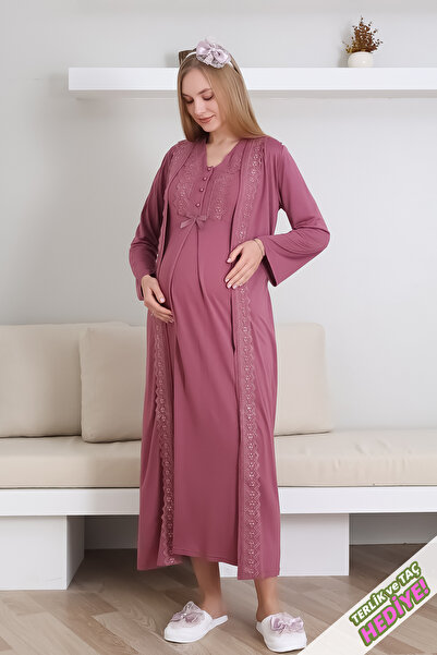 ERDENİZ TEKSTİL Hamile Gecelik Takımı Sabahlıklı V yakalı Dantel Detaylı 2'li...